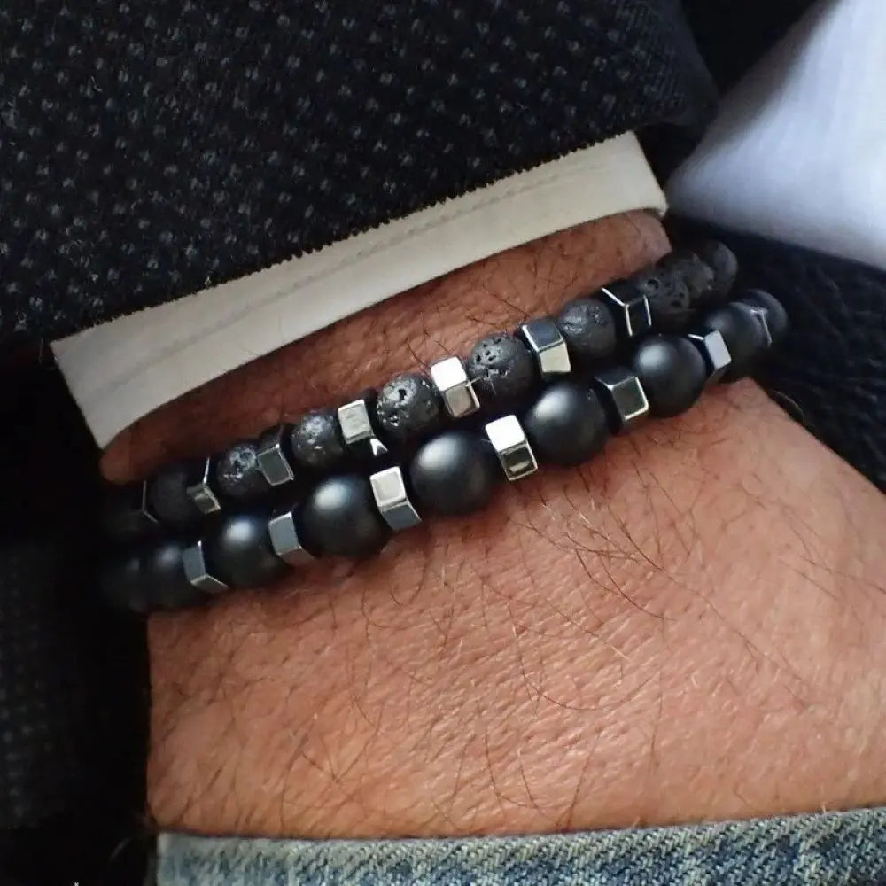 Frosted Black Volcanic Stone Beaded Men's Bracelet Set Double Layer Nature Stone Gifts
