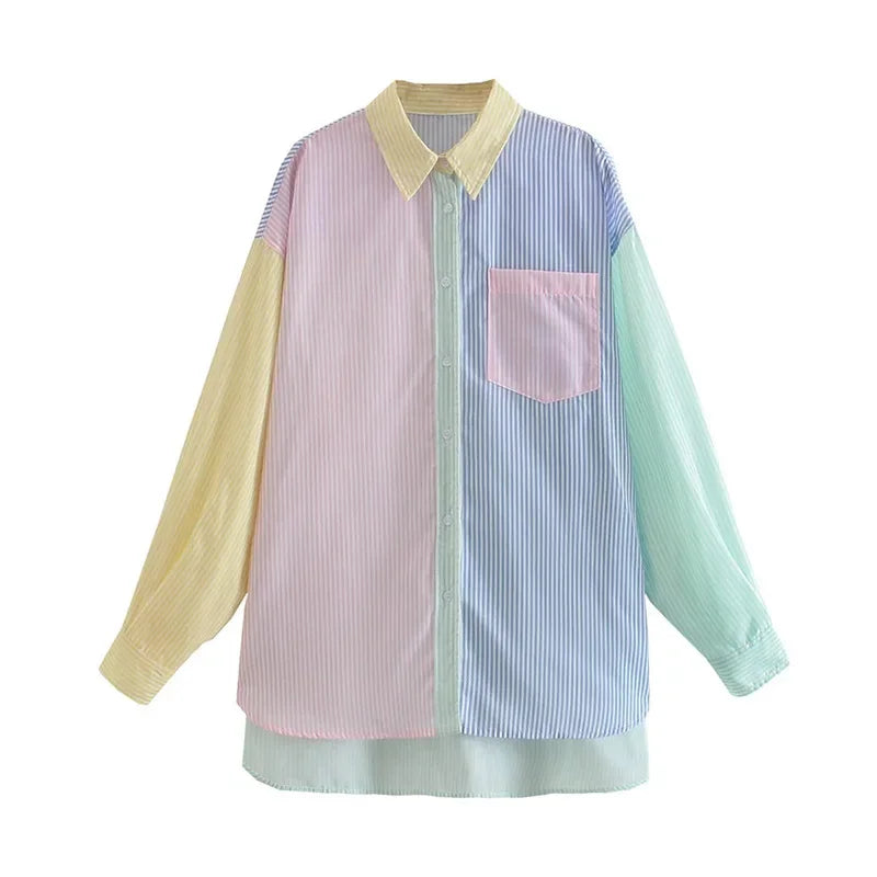 Women Casual Colorblock Striped Long Sleeve Button Up Tunic Shirt with Turn Down Collar Daily Wear Top