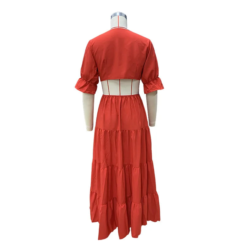 Flare Sleeve Maxi Sundress With Deep V Neck For Women