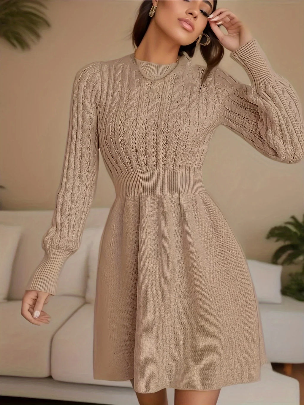 Cable Knit Sweater Dress Solid Knit Long Sleeve For Women