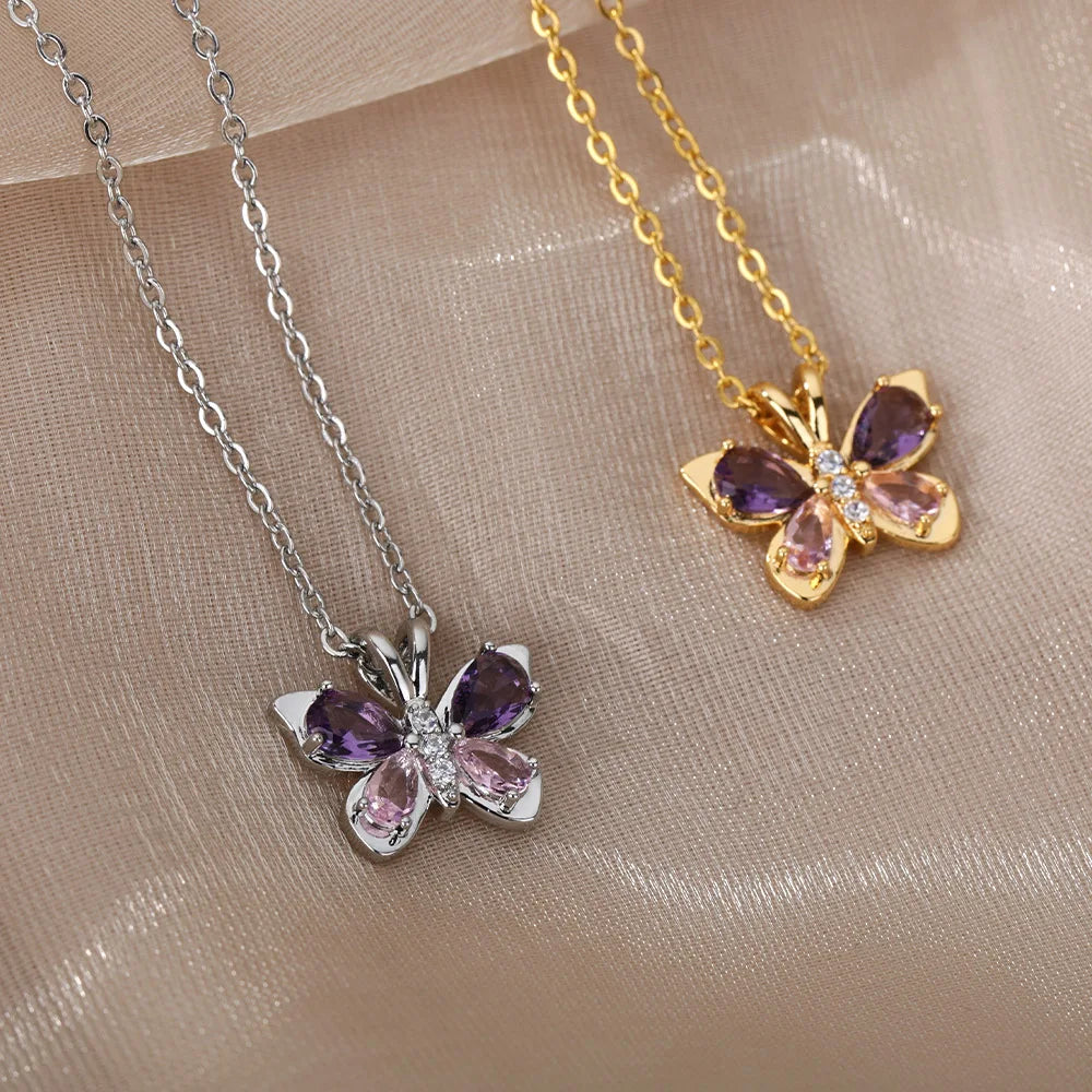 Cute Butterfly Necklace for Women with Purple Zircon Crystal Aesthetic Choker Jewelry