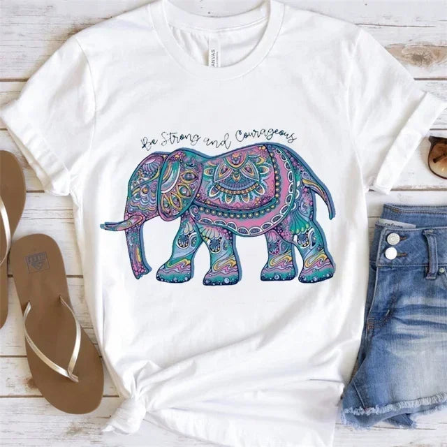 Funny Elephant Boho Printed T-Shirts for Women - Comfortable Short Sleeve Casual Tops