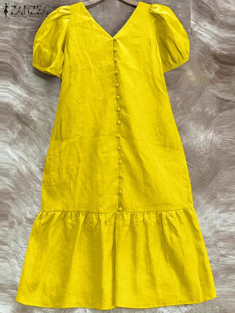 V Neck Puff Sleeve Midi Dress Solid Color Casual Wear