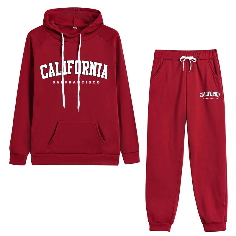 Womens California Letter Printing Hooded Tracksuit Set High Quality Casual Jogging Sweatshirt and Pants
