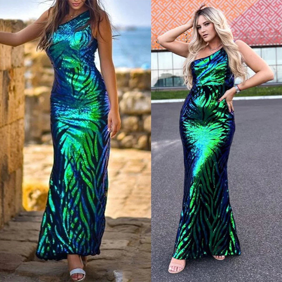 One Shoulder Sequined Maxi Dress For Party Evening Gown