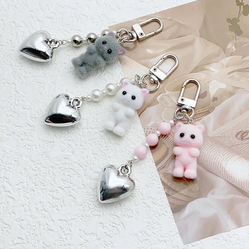 Cute Flocking Cat Keychain 3D Love Pendant Headphone Charm Bag Decor Jewelry Gift