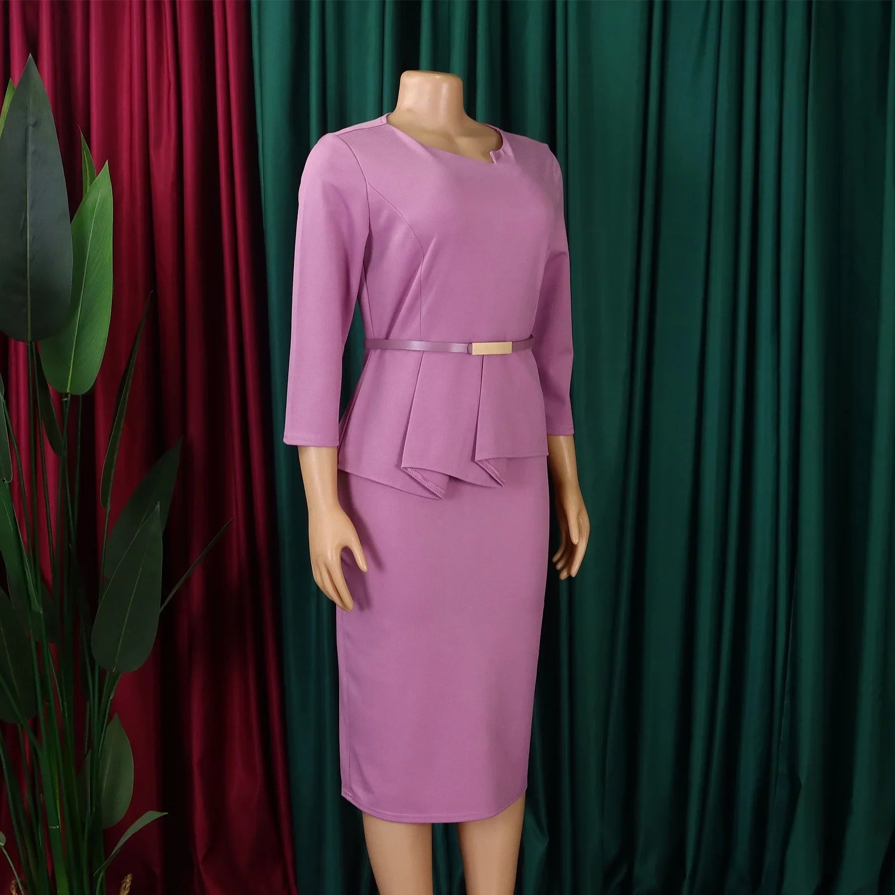 Women's Office Dress Sheath Belted Mid Calf Formal Wear