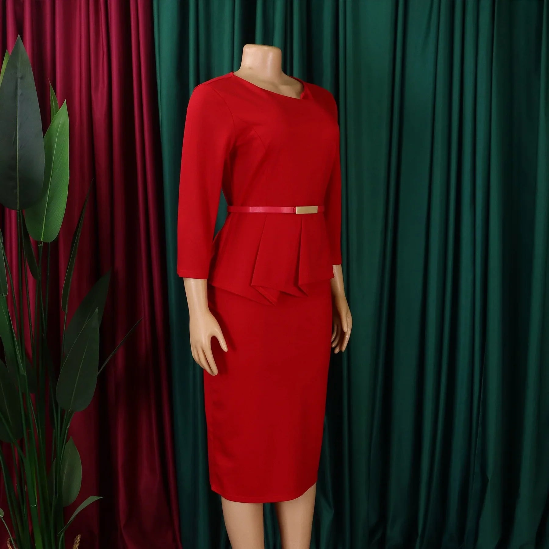 Women's Office Dress Sheath Belted Mid Calf Formal Wear