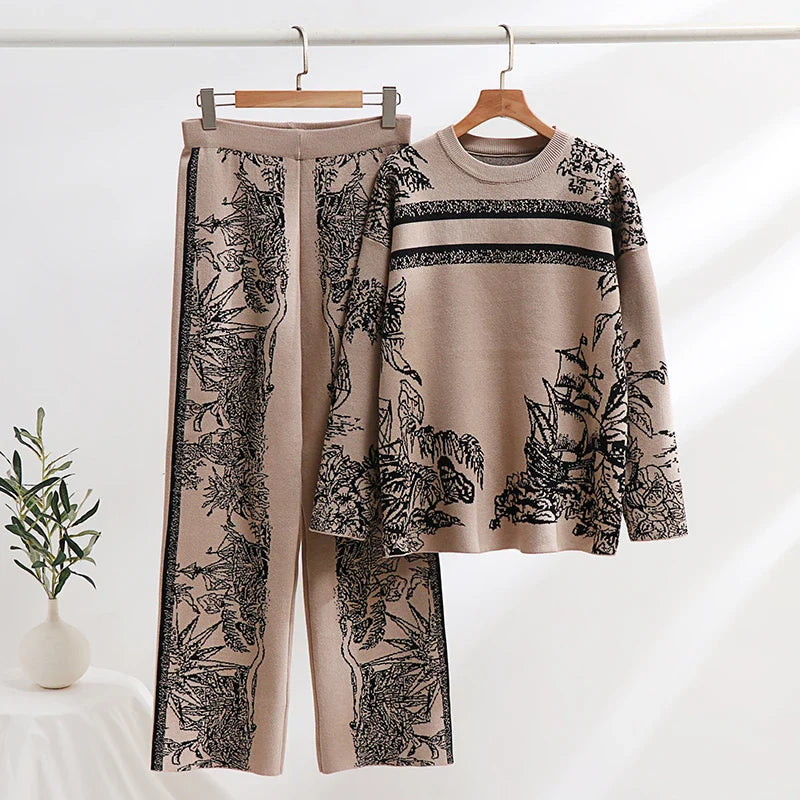Elegant Women's Loungewear 2 Piece Knit Pants Set with Ink Floral Sweater and Matching Knitted Bottoms