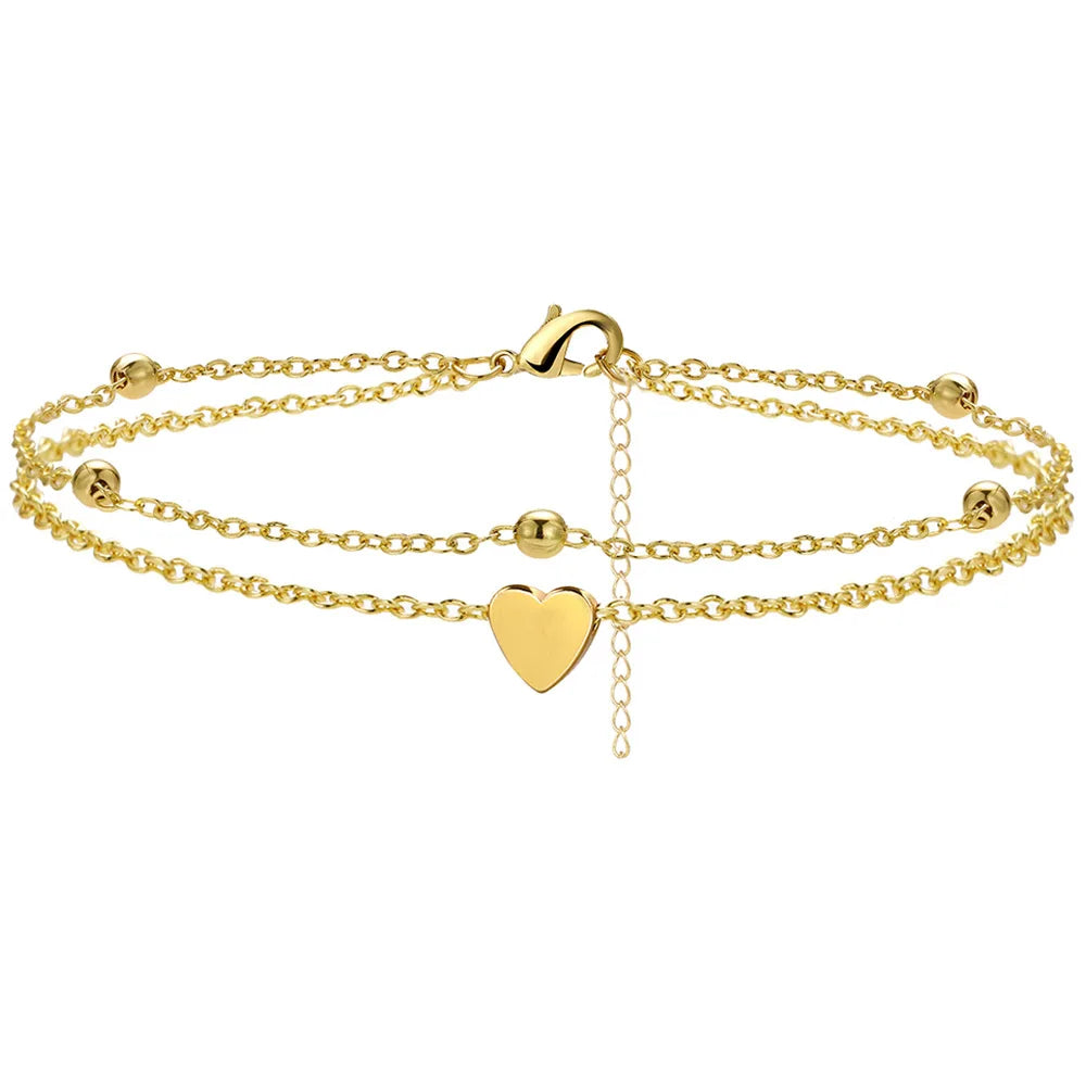 925 Silver Plated Heart Charm Anklet with Cubic Zirconia Dainty Layered Chain Jewelry for Women