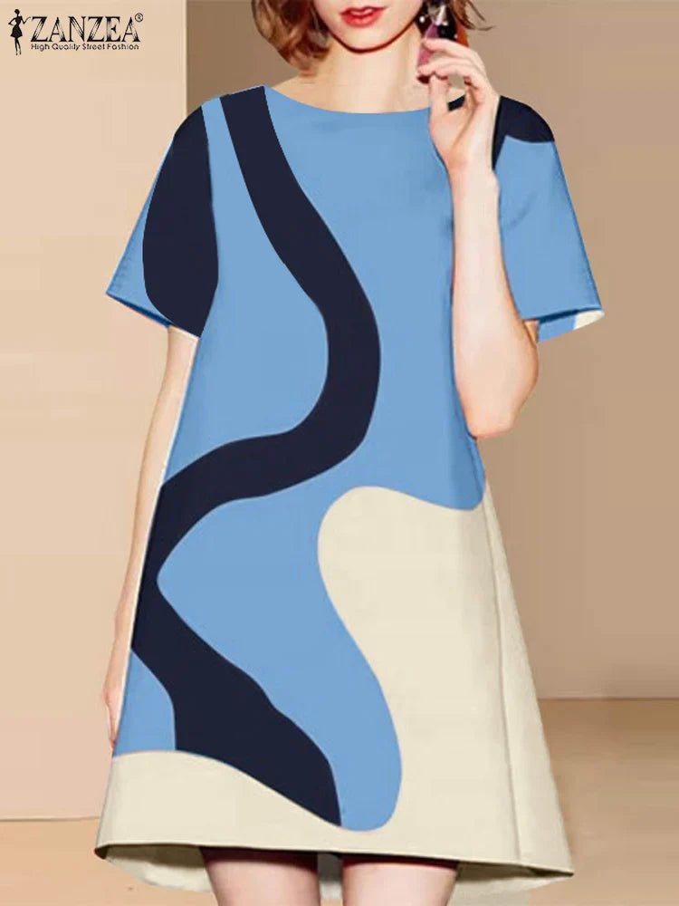 Women Colorful Printed Sundress Round Neck Short Sleeves