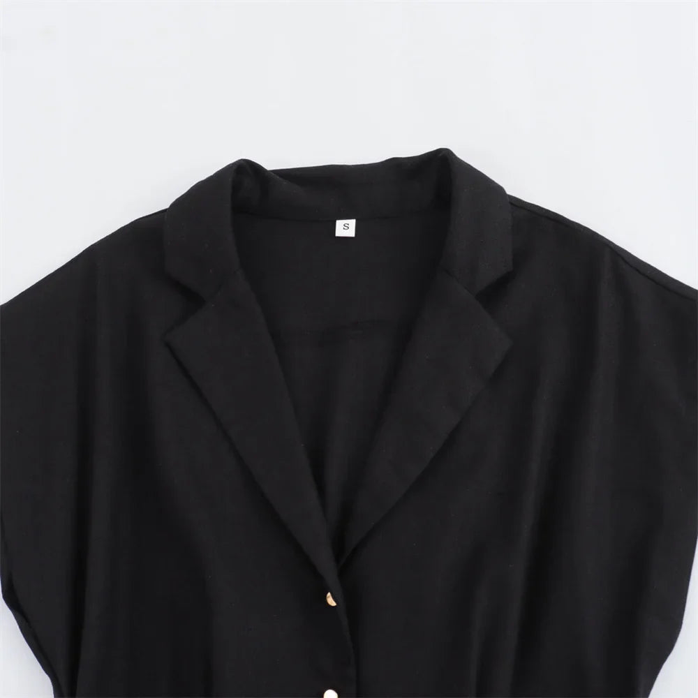 Elegant Linen Blend Belted Midi Dress Sleeveless Women