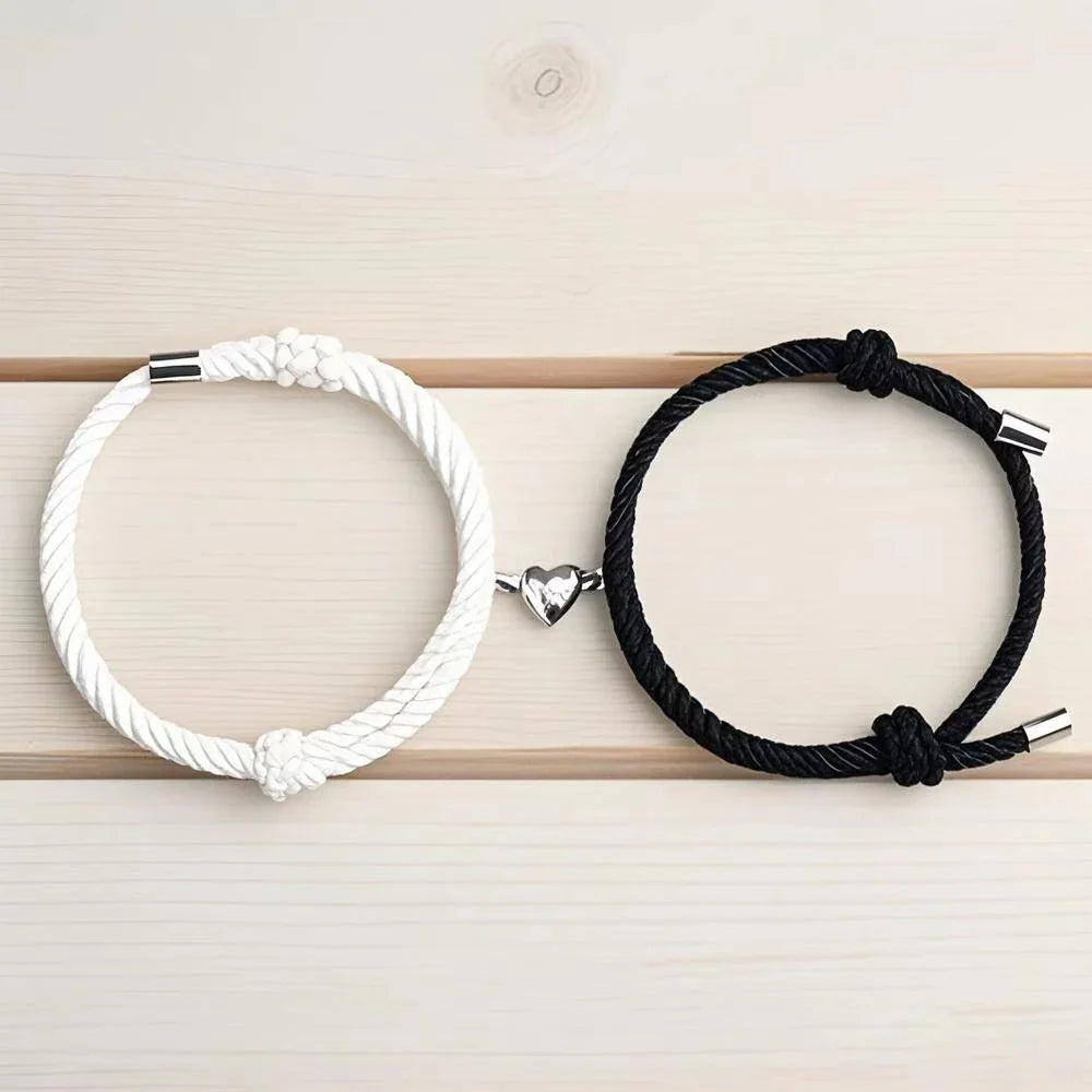 Black and White Magnetic Couple Bracelet Set with Heart Charm for Best Friends and Parties