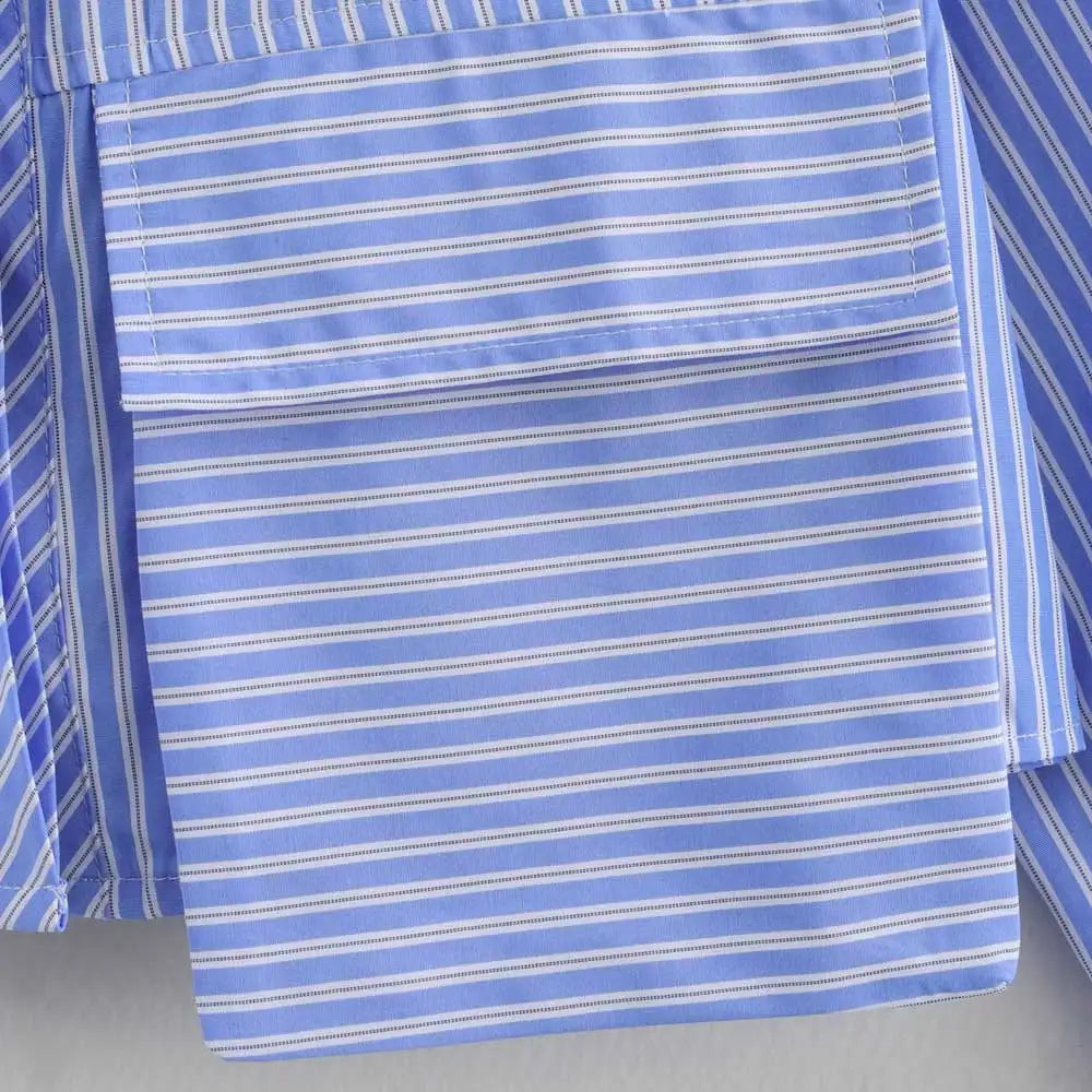Women's Chic Striped Crop Shirt Long Sleeve Button-Up Blouse with Pockets Casual Fashion Top