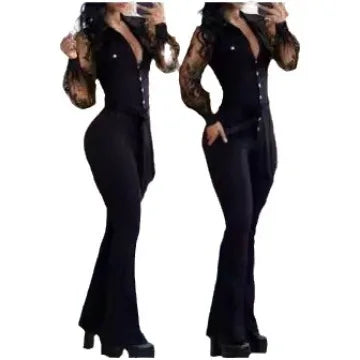 Elegant Autumn Jumpsuit for Women with Tied Detail Turn-Down Collar Long Sleeves Flared Pants Fashion One-Piece Overalls