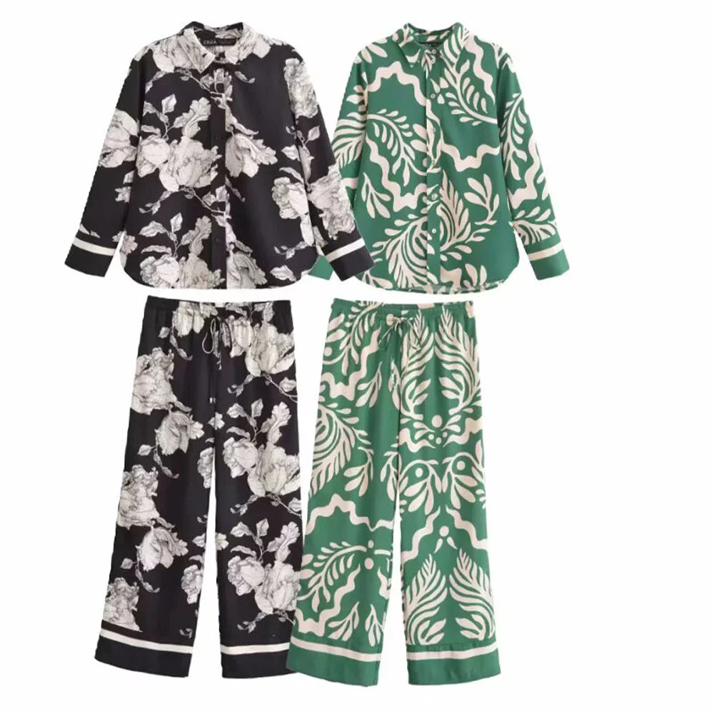 Casual Fashion Printed Collar Long Sleeve Shirt and Drawstring Pants Set for Women