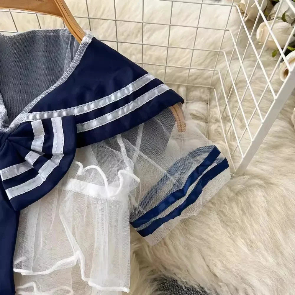 Women Sexy Sheer Transparent Sailor Suit Set Short Sleeve Top With Bow Mini Skirt Sweet Kawaii Cosplay Uniform Pajama