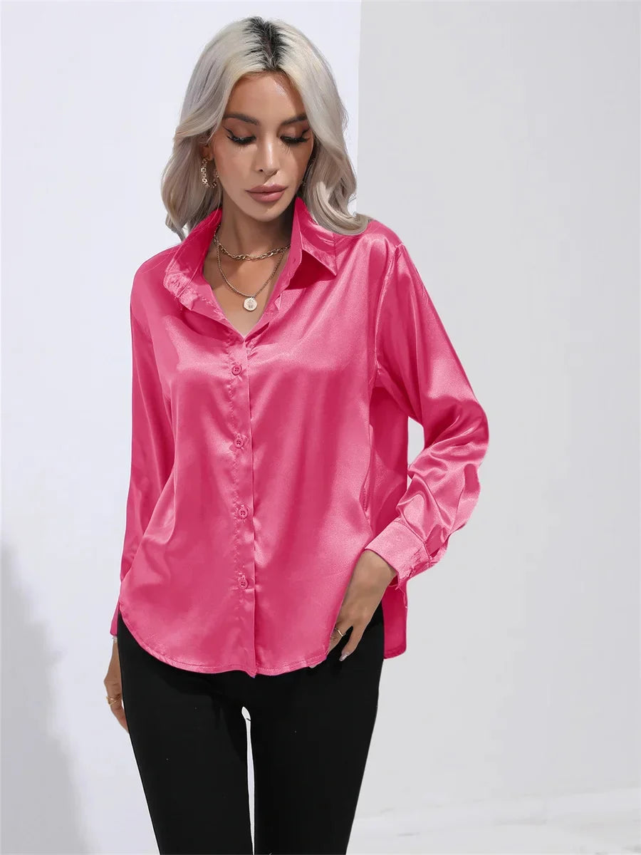 Women's Casual Satin Blouse with Long Sleeves and Turn-Down Collar Solid Color Shirt for Spring and Autumn