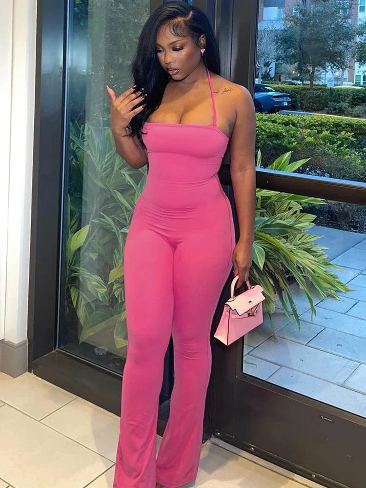 Sleeveless Halter Backless Bodycon Jumpsuit with Flare Pants Casual Rompers for Women Streetwear Festival Outfit