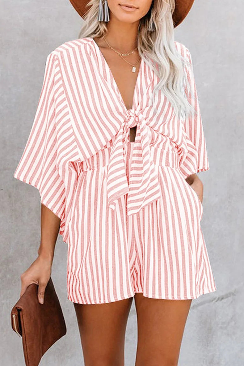 Women's Summer Slimming Striped Jumpsuit with Deep V Neck, Flared Three Quarter Sleeves, and Wide Leg Pants