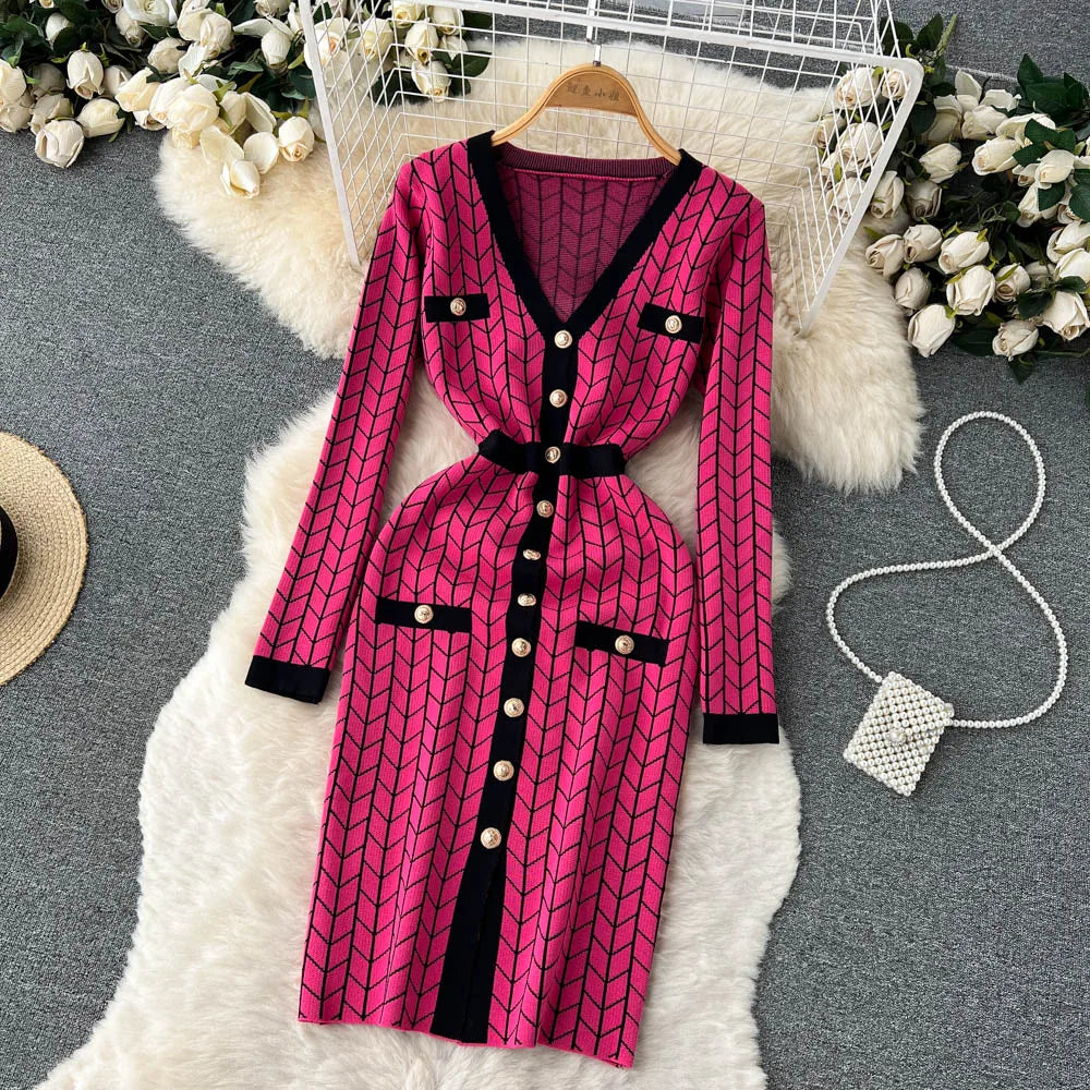 Autumn Plaid Knit Dress Women V Neck Elastic Waist Midi