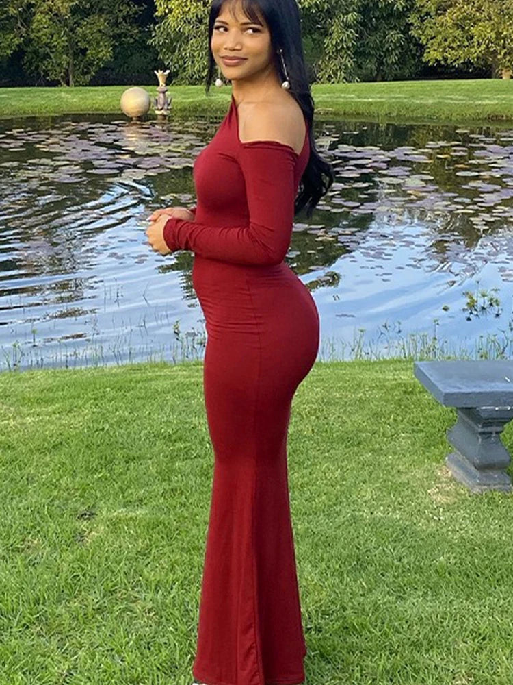 One Shoulder Red Dress Knit For Women Autumn Winter Fashion
