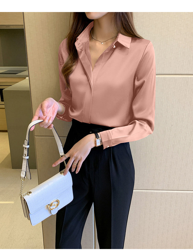 Elegant Satin Women Blouse Long Sleeve Shirt Autumn Fashion Tops for Ladies Office and Casual Wear