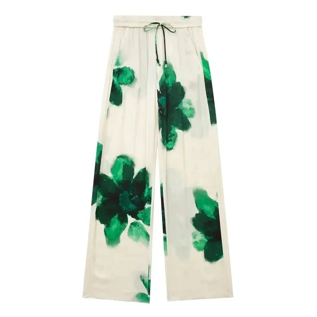 Floral Print Button-Up Shirt and Elastic Waist Wide Leg Pants Summer Set for Women
