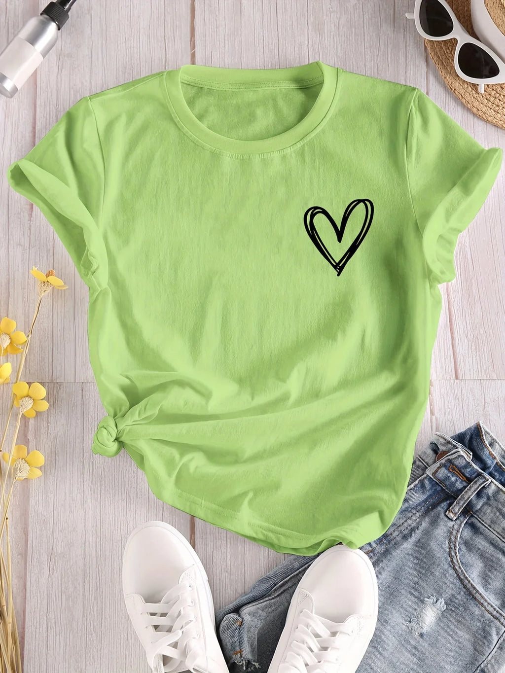 Heart Print Casual T-Shirt for Women, Crew Neck Short Sleeve Everyday Top