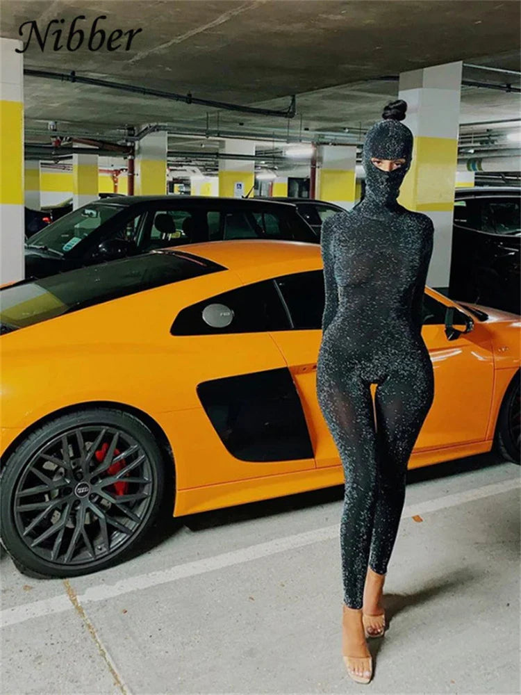 Nibber Glitter Silk Two Piece Playsuit Set for Women Sexy Backless Long Sleeve Jumpsuits Club Party Wear One Piece Outfit