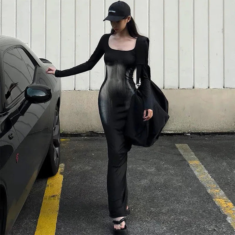 Autumn Square Collar Pullover Dress With Long Sleeves