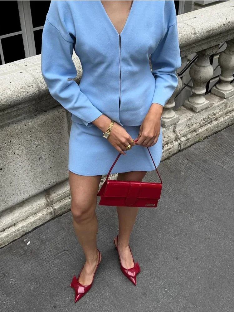 Women's Knit Tailored Cardigan and Skirt Set V-Neck Long Sleeve Jacket with High Waist Elastic A-Line Mini Skirt Stylish Two-Piece Outfit