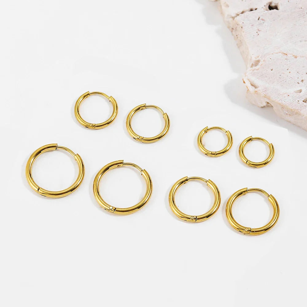 4 Pairs Stainless Steel Round Huggies Earrings Set for Women and Men Stackable Tiny 18K Gold Plated Ear Hoops