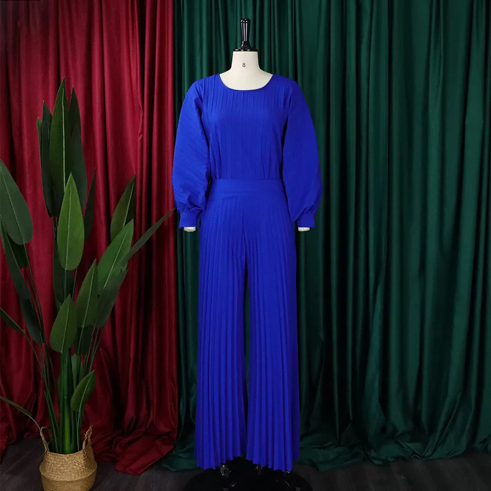 Elegant 2 Piece Women's Outfit with O Neck Blouse and High Waisted Wide Leg Pants Set