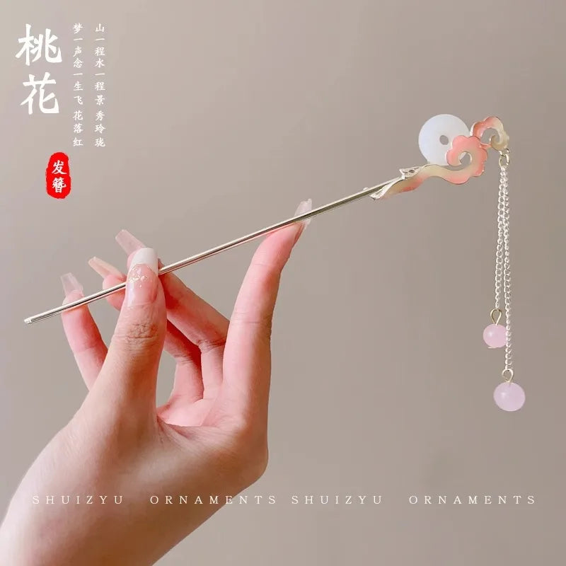 Elegant Enameled Flower Tassel Hair Clip Alloy Hairpin for Women Stylish Chinese Hair Accessory