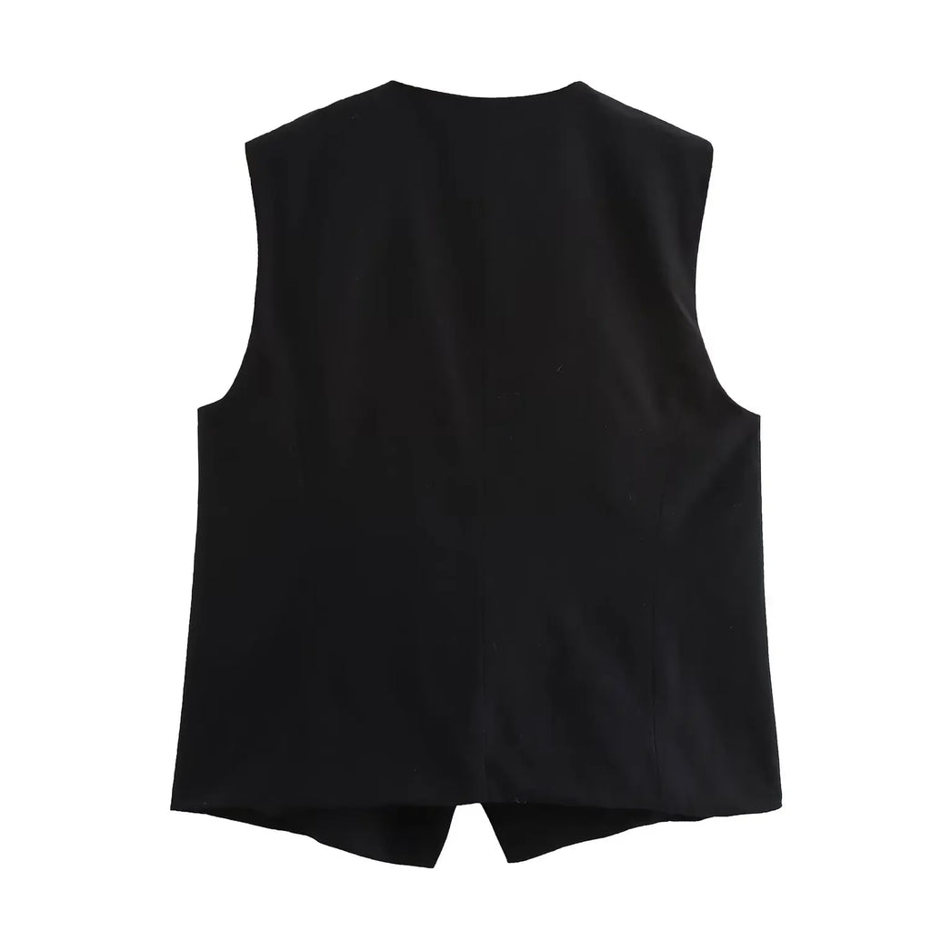 Chic Black Double Breasted Vest and Straight Leg Long Casual Shorts Set for Women Stylish Versatile Autumn Outfit