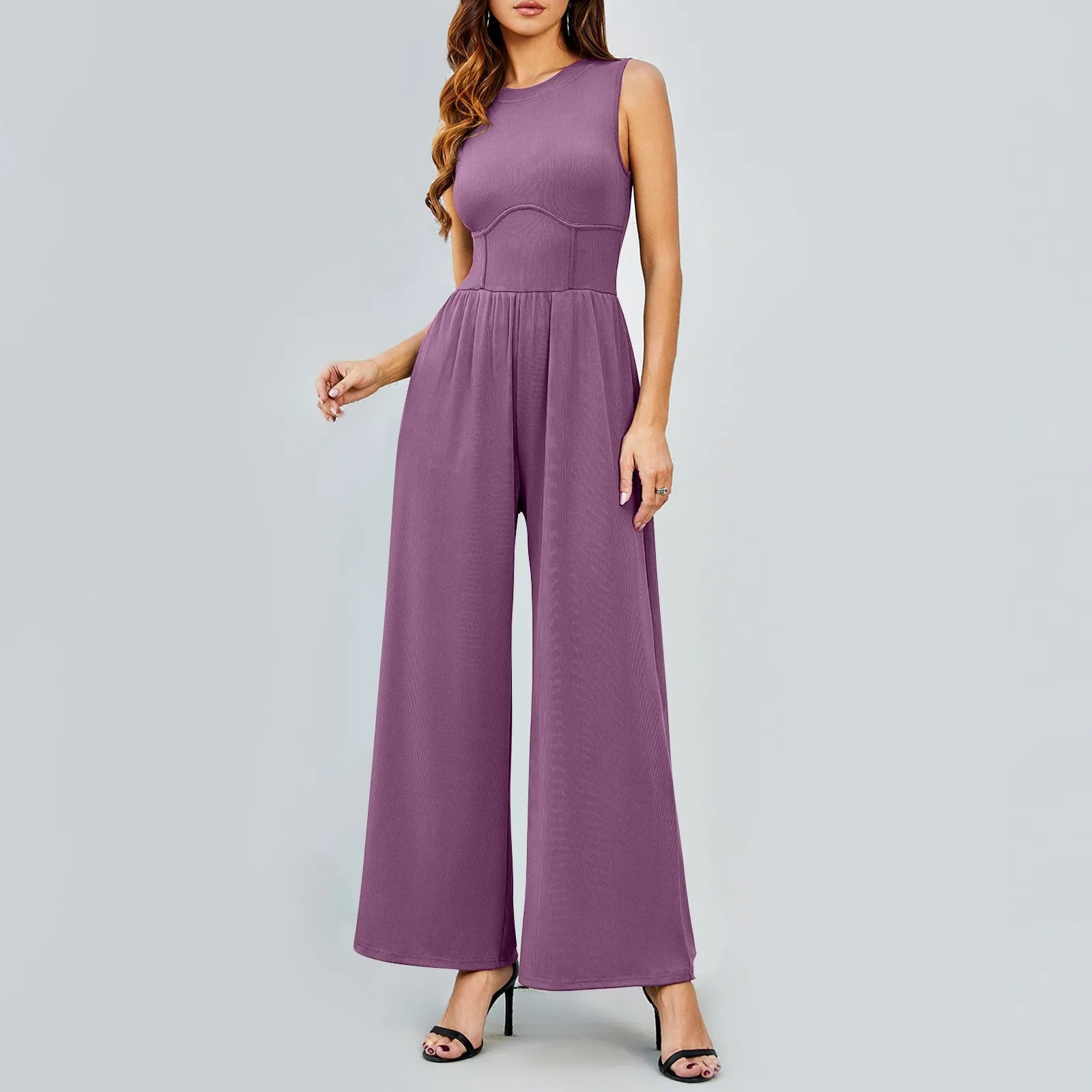 Women Sleeveless High Neck Ribbed Tank Top Jumpsuit Wide Leg Pants Romper with Tummy Control and High Waist Casual Summer Outfit