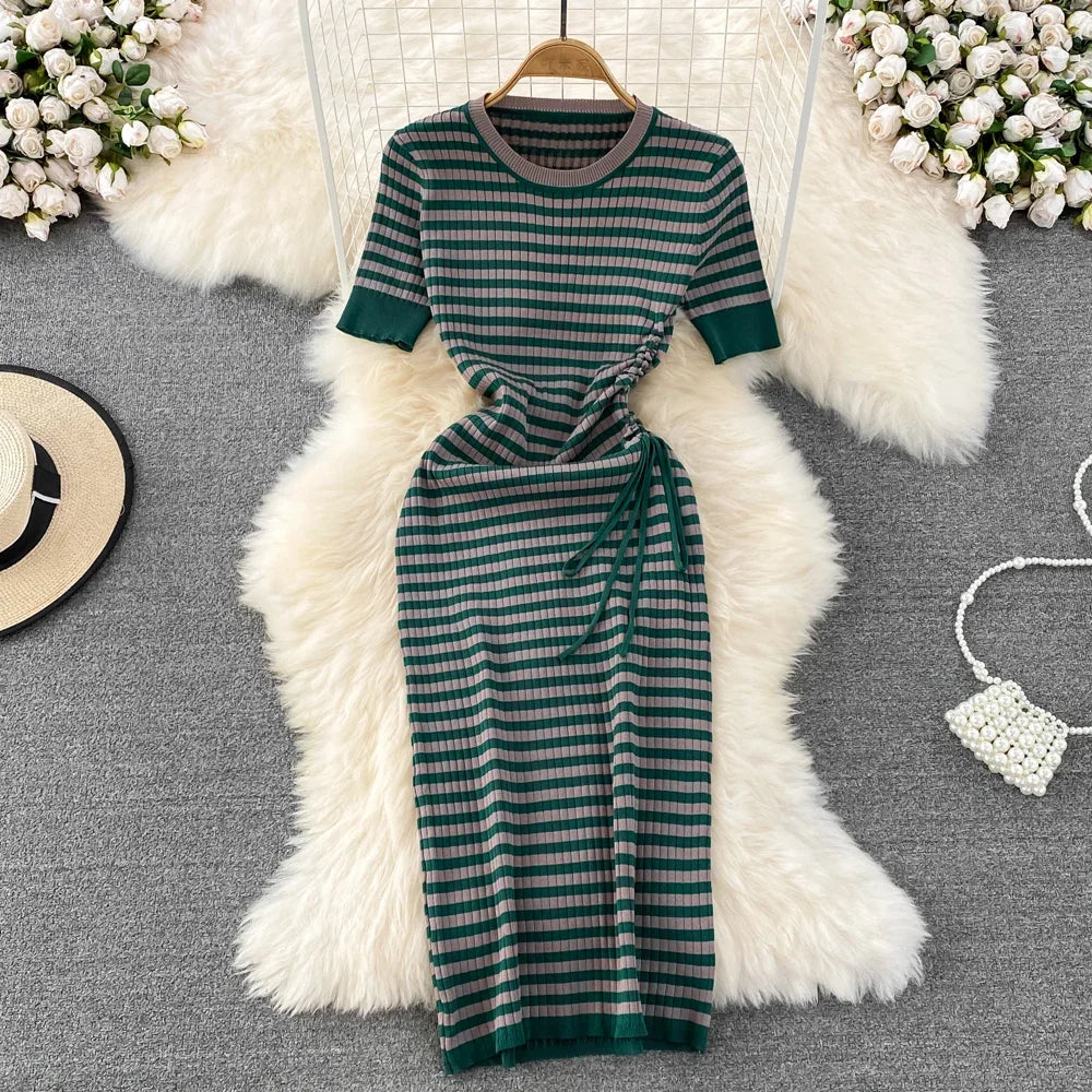 Retro Striped Maxi Dress For Women O Neck Ruched Casual
