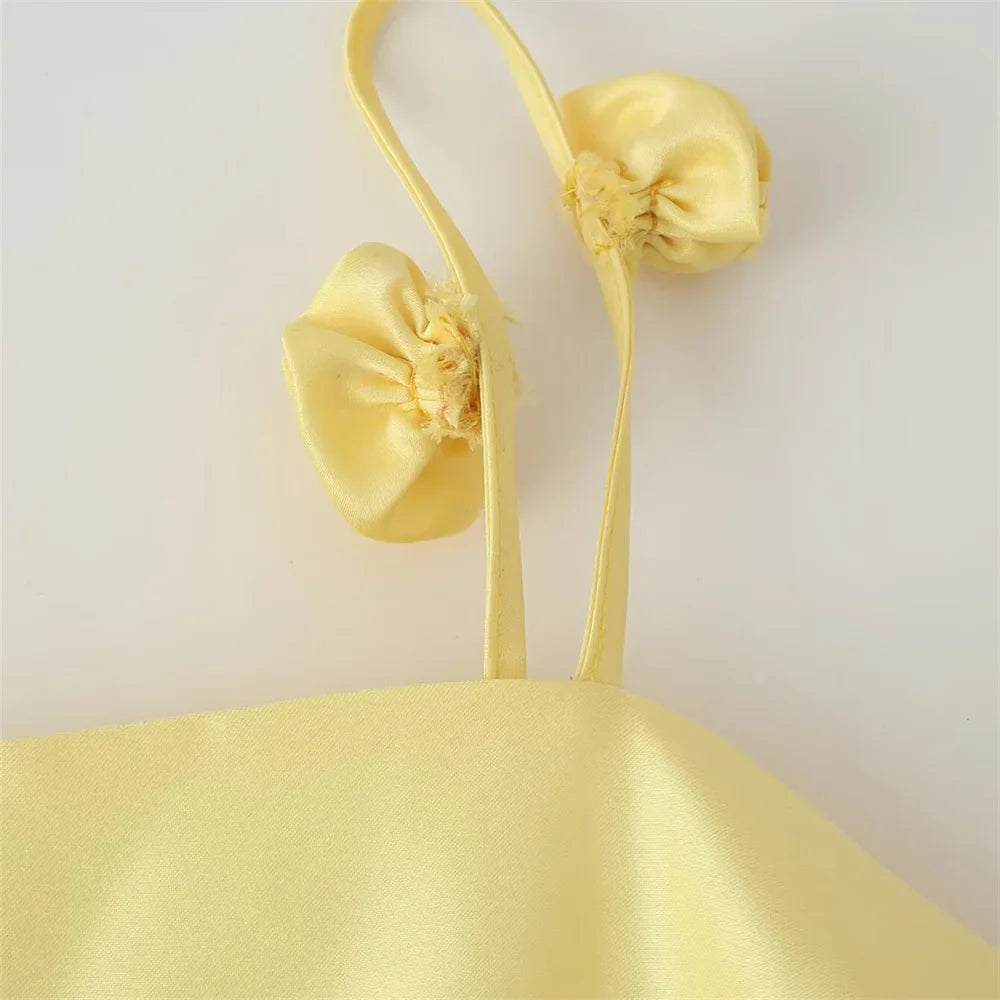 Three Dimensional Flower Satin Strap Skirt For Casual Wear