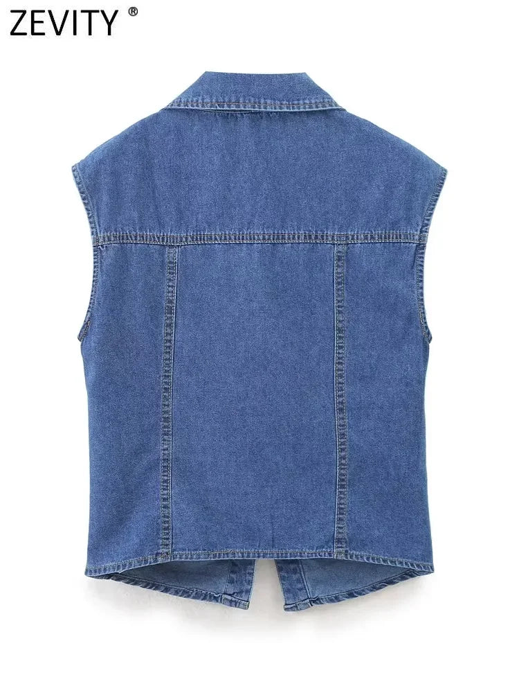 Women Sleeveless Pleated Denim Blouse Single Breasted Office Shirt Chic Casual Top