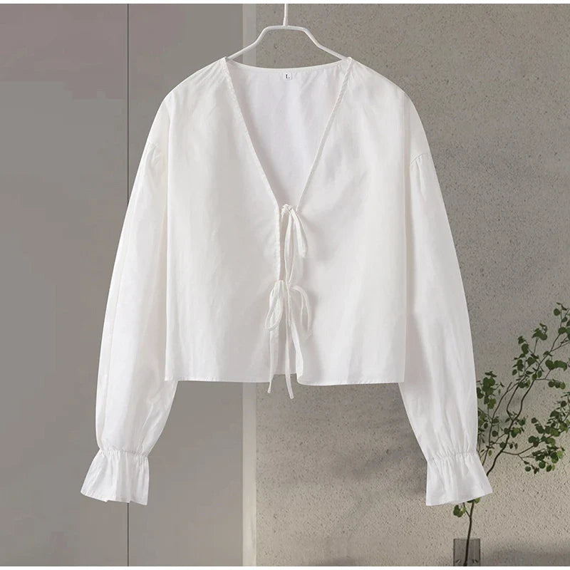 Elegant Solid Lace-Up V-Neck Blouse for Women with Lantern Sleeves and Hollow Out Detail Loose Fit Chic Female Shirt