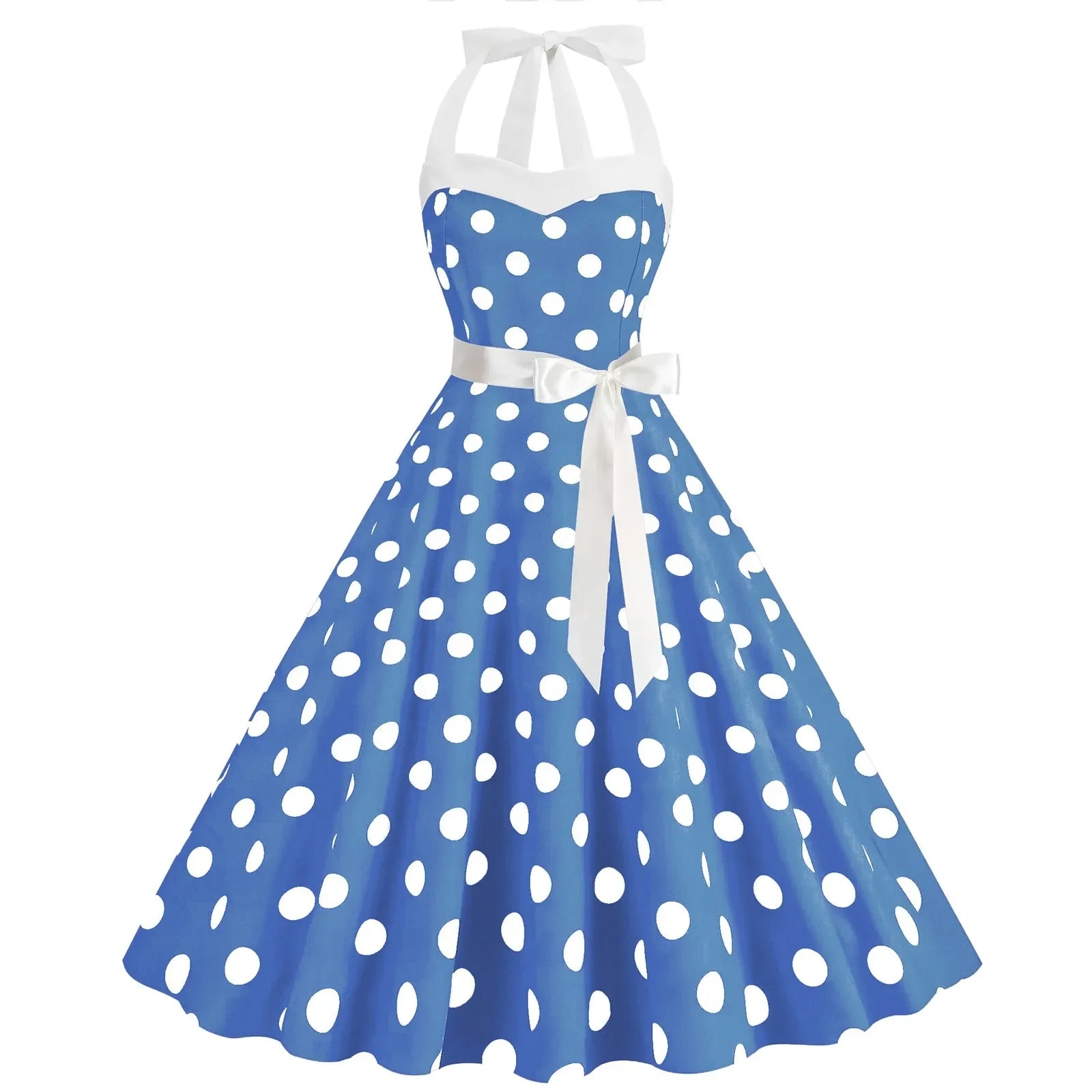 Ladies Vintage Polka Dot Backless Lace Up Swing Dress