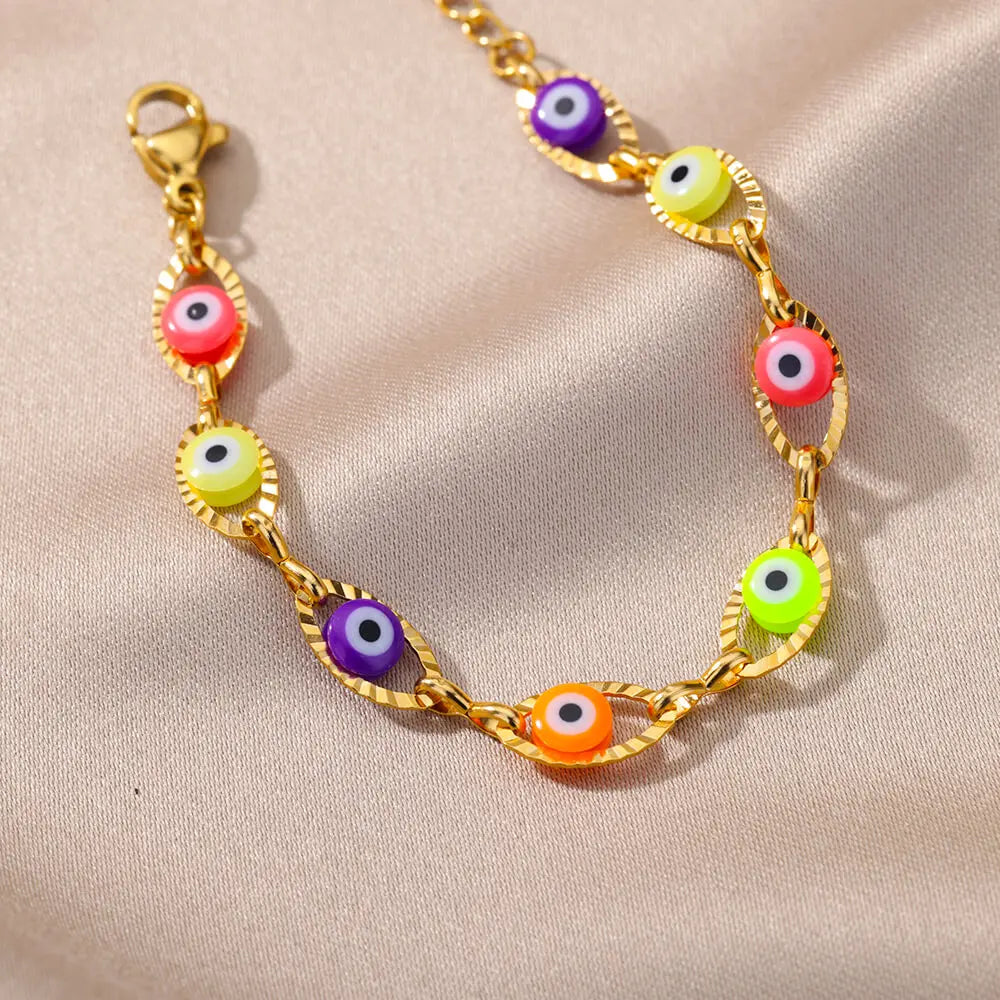 Gothic Rainbow Evil Eye Bracelet for Women Stainless Steel Gold Color Turkish Charm Chain Jewelry