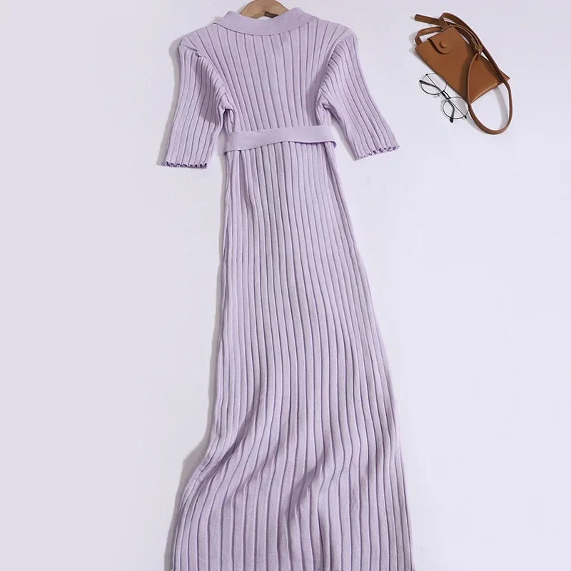 Knitted Cardigan Dress For Women Button Up Short Sleeve