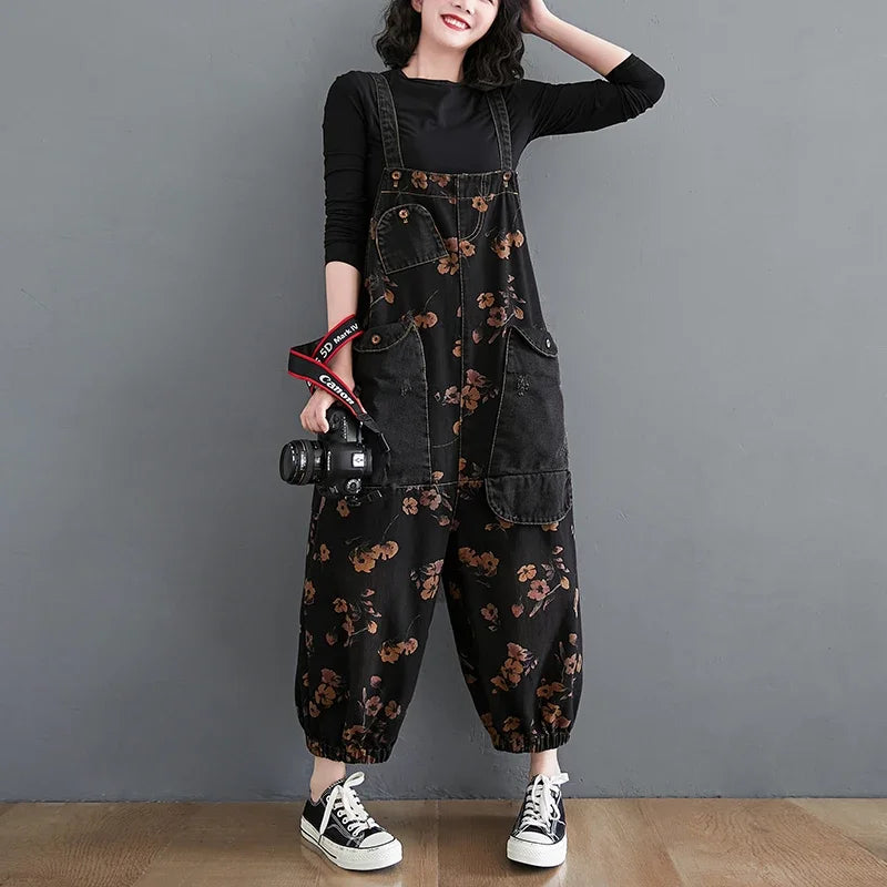 Vintage Floral Print Oversized Black Denim Jumpsuit Women Casual Baggy Cargo Pants Wide Leg Loose Fit Big Pockets Overalls