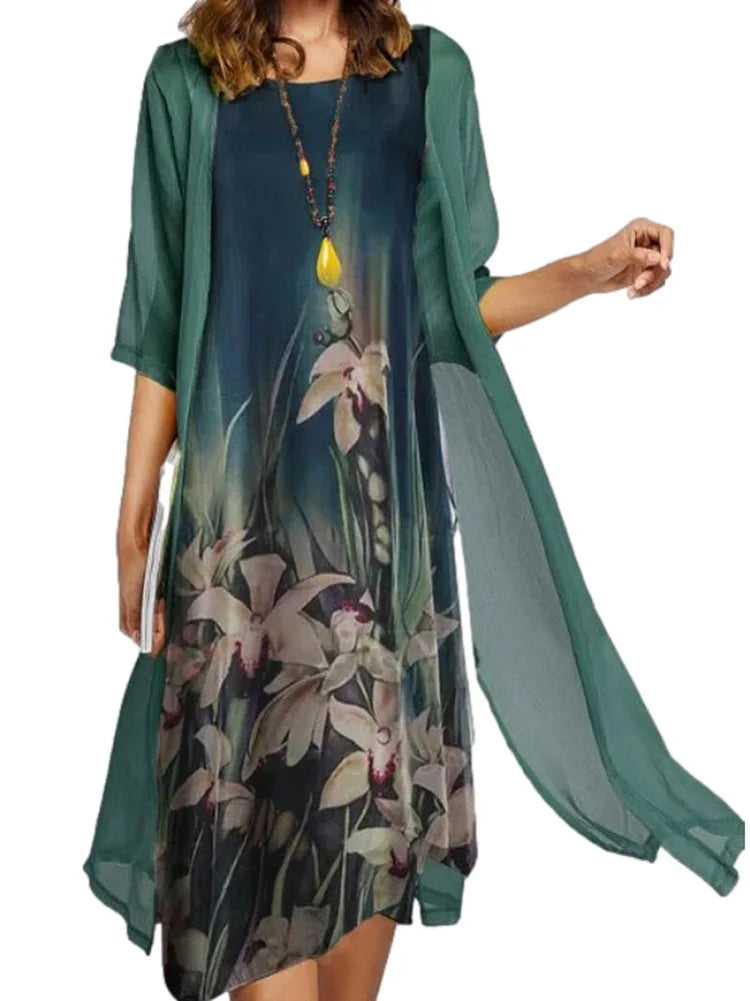 Printed Round Neck Two Piece Dress Set for Women Casual