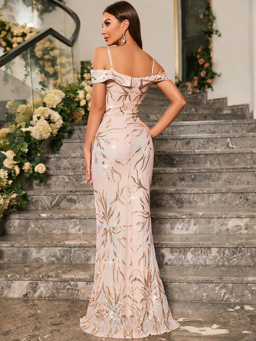 Sequin Formal Party Dress With Spaghetti Straps High Slit