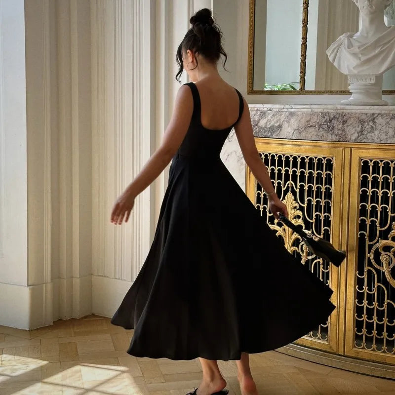 Solid Square Neck Sleeveless Suspender Dress For Women Long