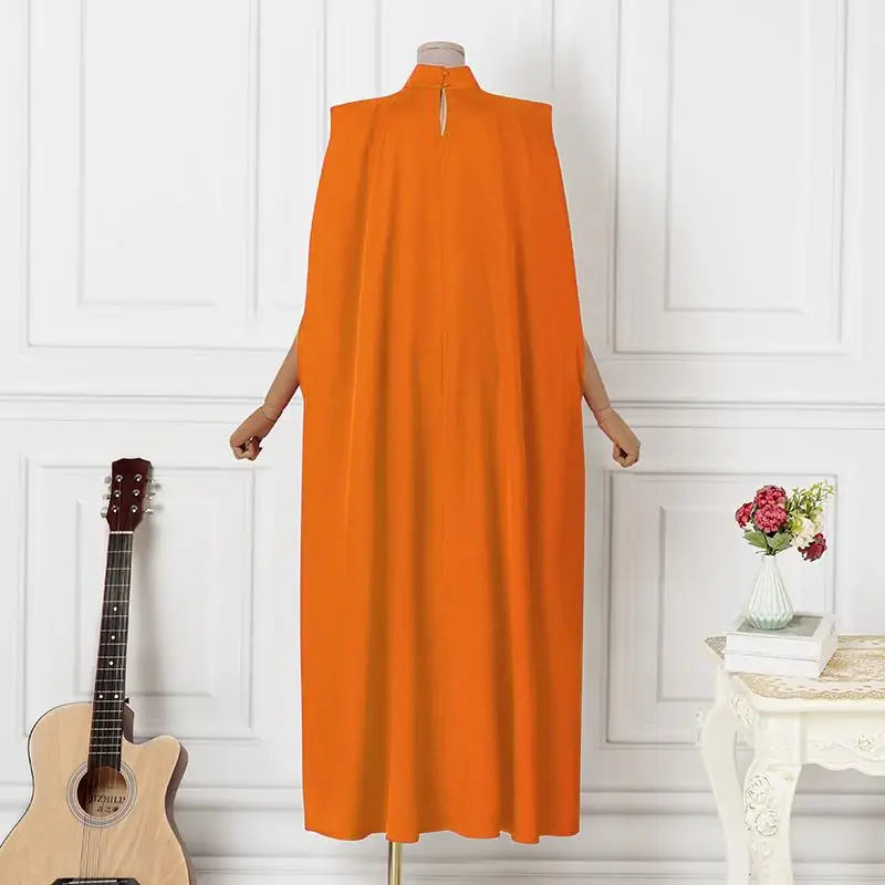 Satin Pleated Evening Dress With Stand Collar Long Sleeve