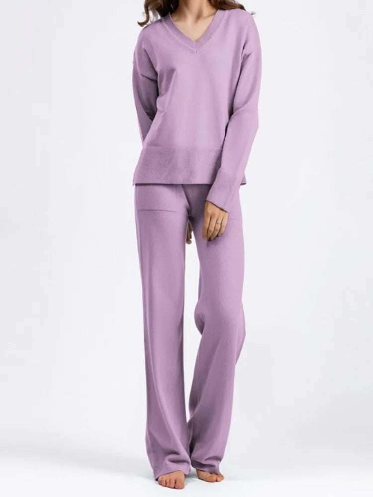 Casual Women's Sweater Pullover Knit Two-Piece Set with Loose Pants for Autumn and Winter